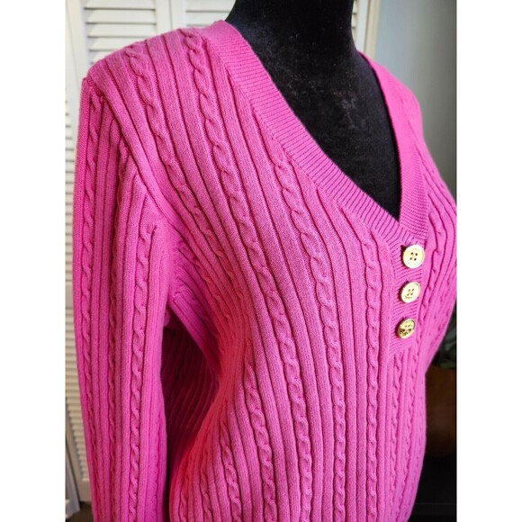 Chaps Pink Cable Knit Sweater 1X V-Neck Cotton Gold Buttons - Picture 1 of 8